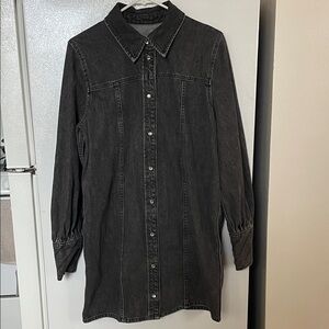 Ganni Size 40 100% Cotton Black Distressed Collared Denim Shirt Dress Buttons